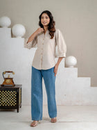 Elegant Brown Small Stripe Shoulder-Pleat Shirt
