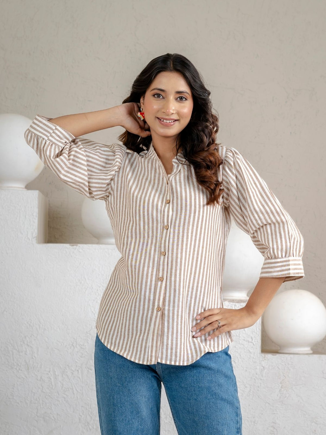 Elegant Brown Small Stripe Shoulder-Pleat Shirt