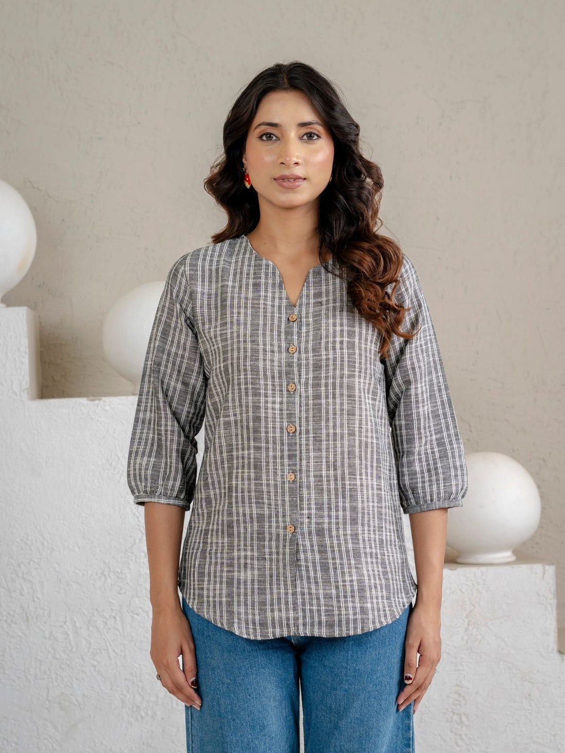 Dark Grey & Dark Red Striped Cotton Casual Shirts Combo