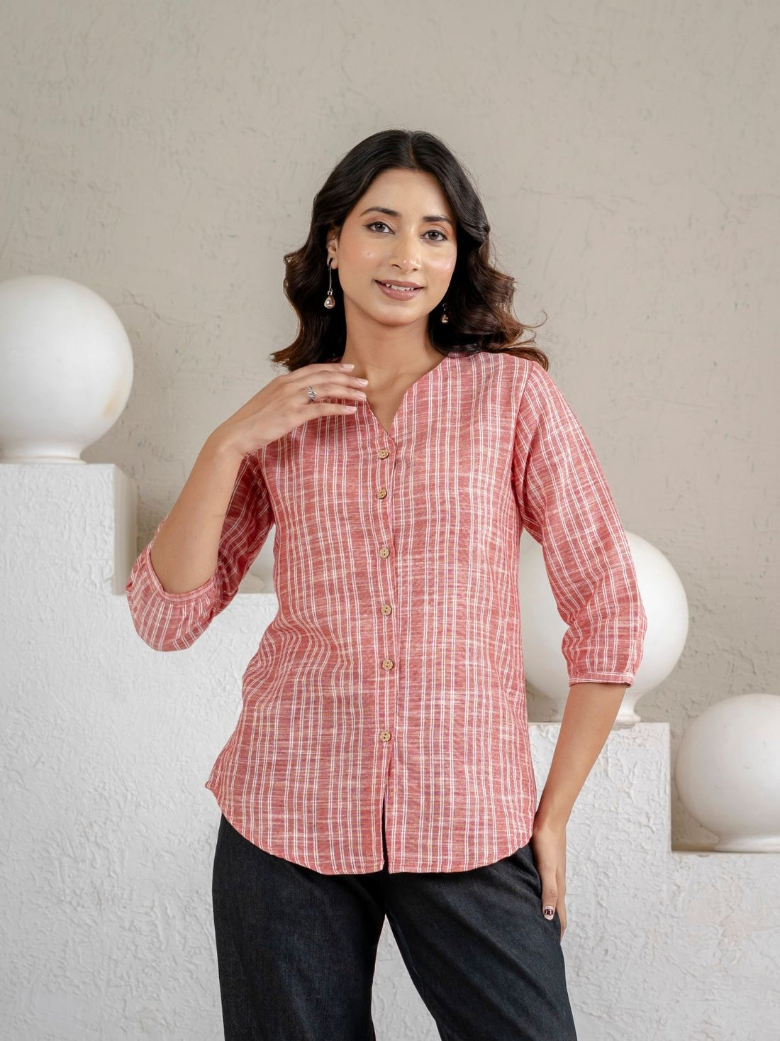 Dark Brown & Dark Red Striped Cotton Casual Shirts Combo