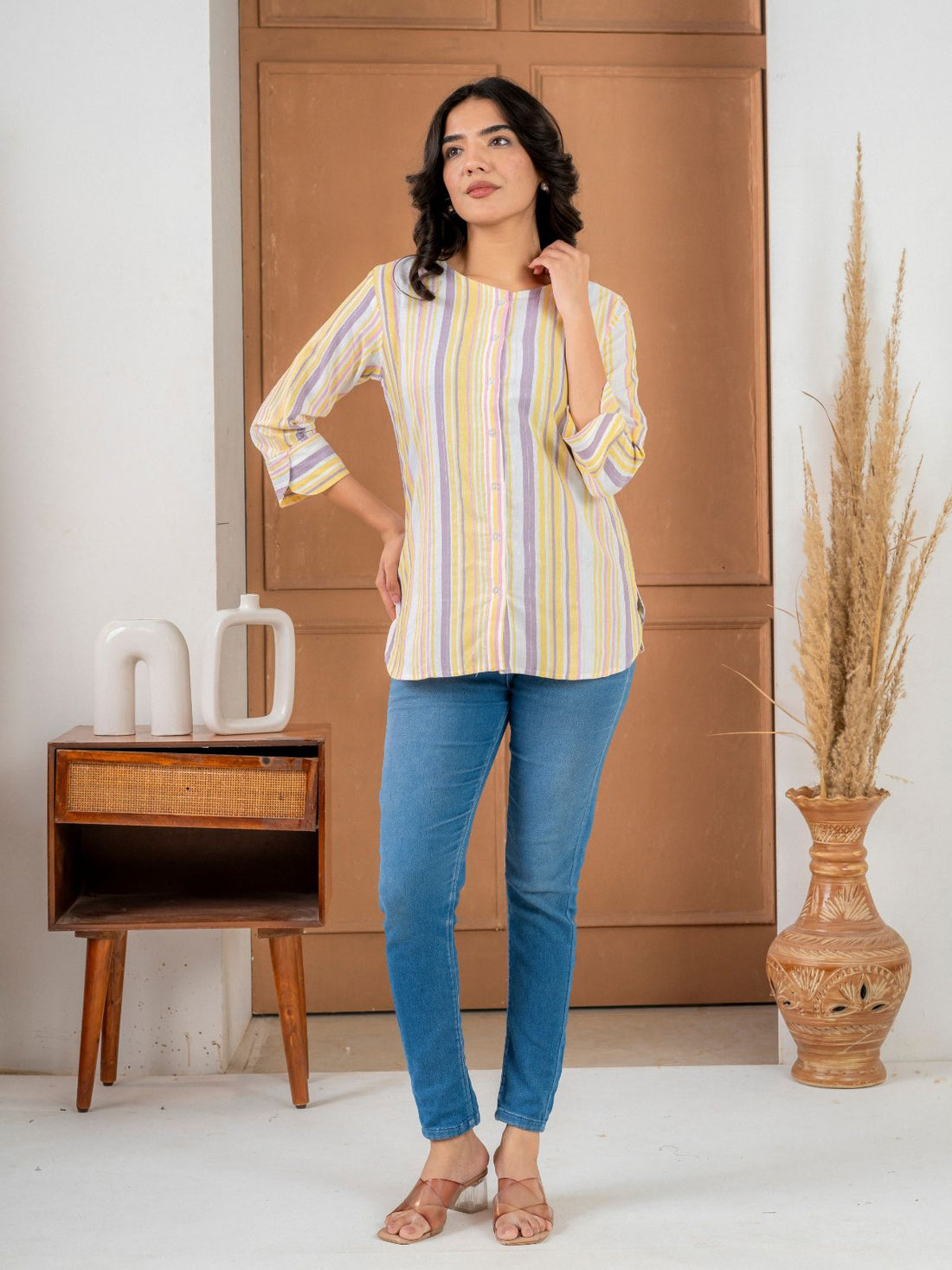 Yellow Rainbow Stripe Cotton Shirts