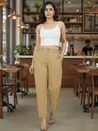 Everyday Beige Cotton Pants With Zip Closure