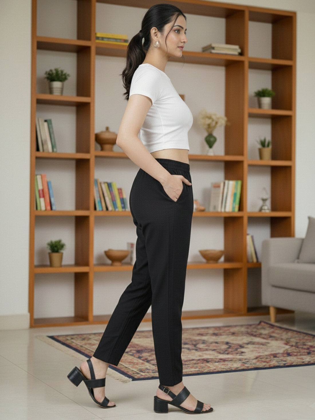 Everyday Black Cotton Fully Elastic Trouser