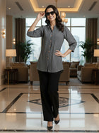 Elegant Black Small Stripe Shoulder-Pleat Shirt