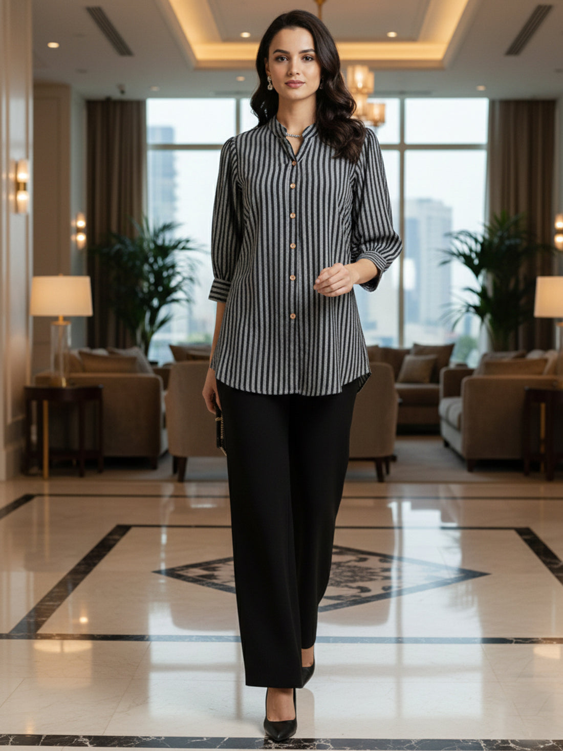 Elegant Black Small Stripe Shoulder-Pleat Shirt