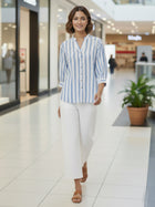 Elegant Blue Stripe Shoulder-Pleat Shirt