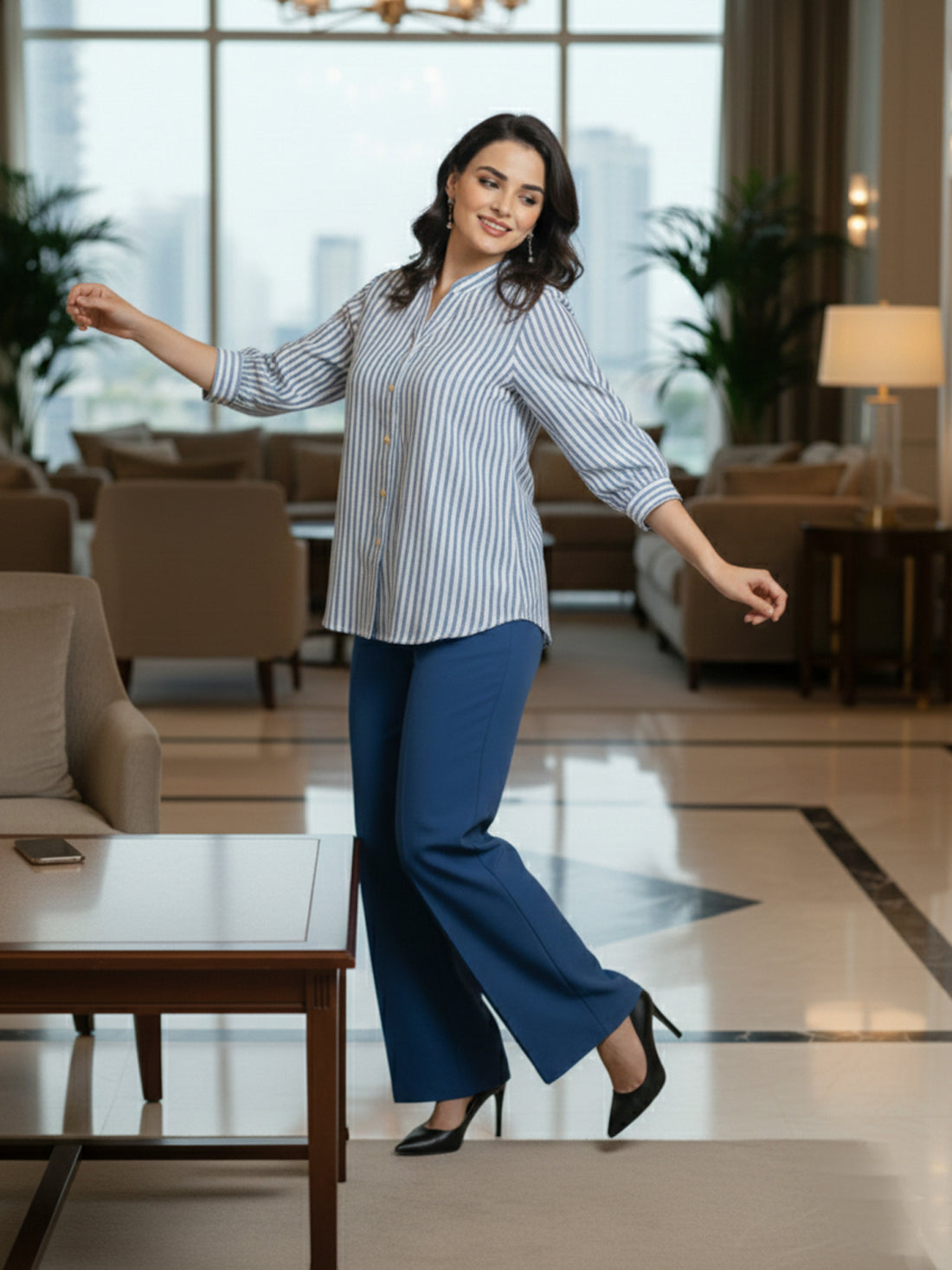 Elegant Blue Small Stripe Shoulder-Pleat Shirt