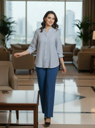 Elegant Blue Small Stripe Shoulder-Pleat Shirt