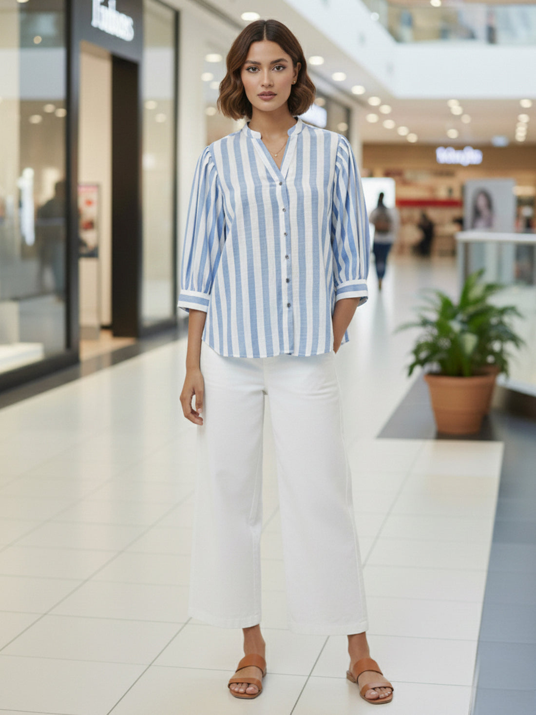 Elegant Blue Stripe Shoulder-Pleat Shirt