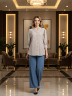 Elegant Brown Small Stripe Shoulder-Pleat Shirt