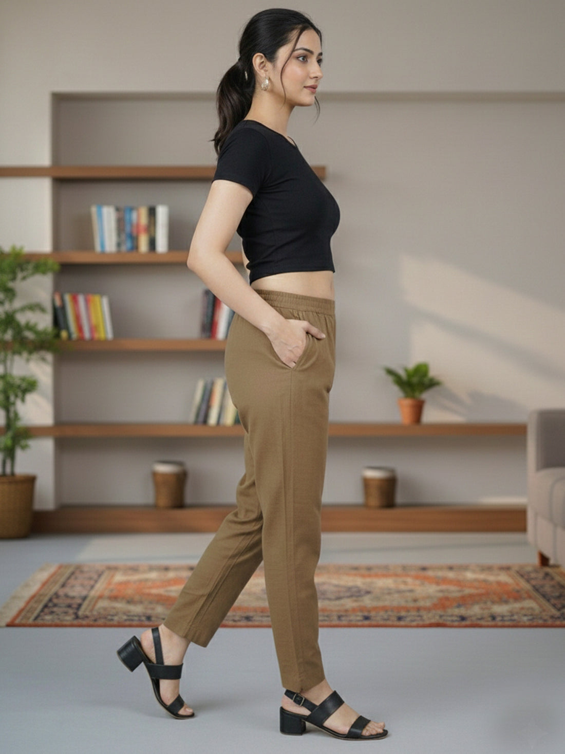 Everyday Brown Cotton Fully Elastic Trouser