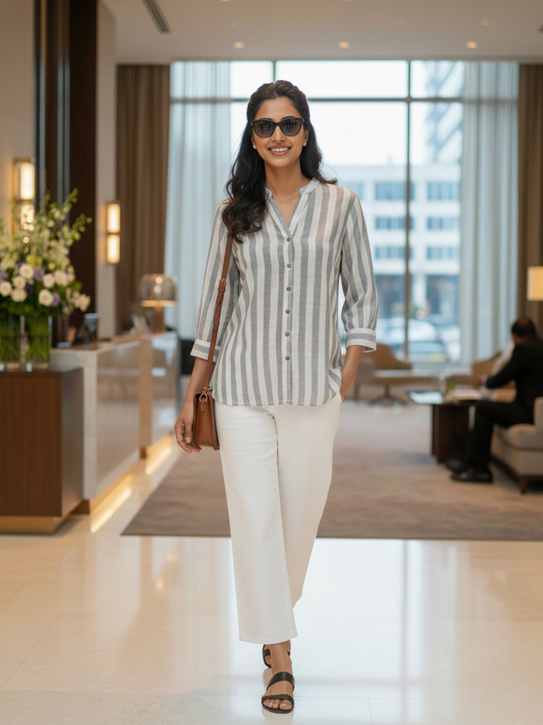 Elegant Grey Stripe Shoulder-Pleat Shirt