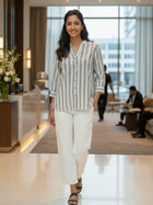 Elegant Grey Stripe Shoulder-Pleat Shirt