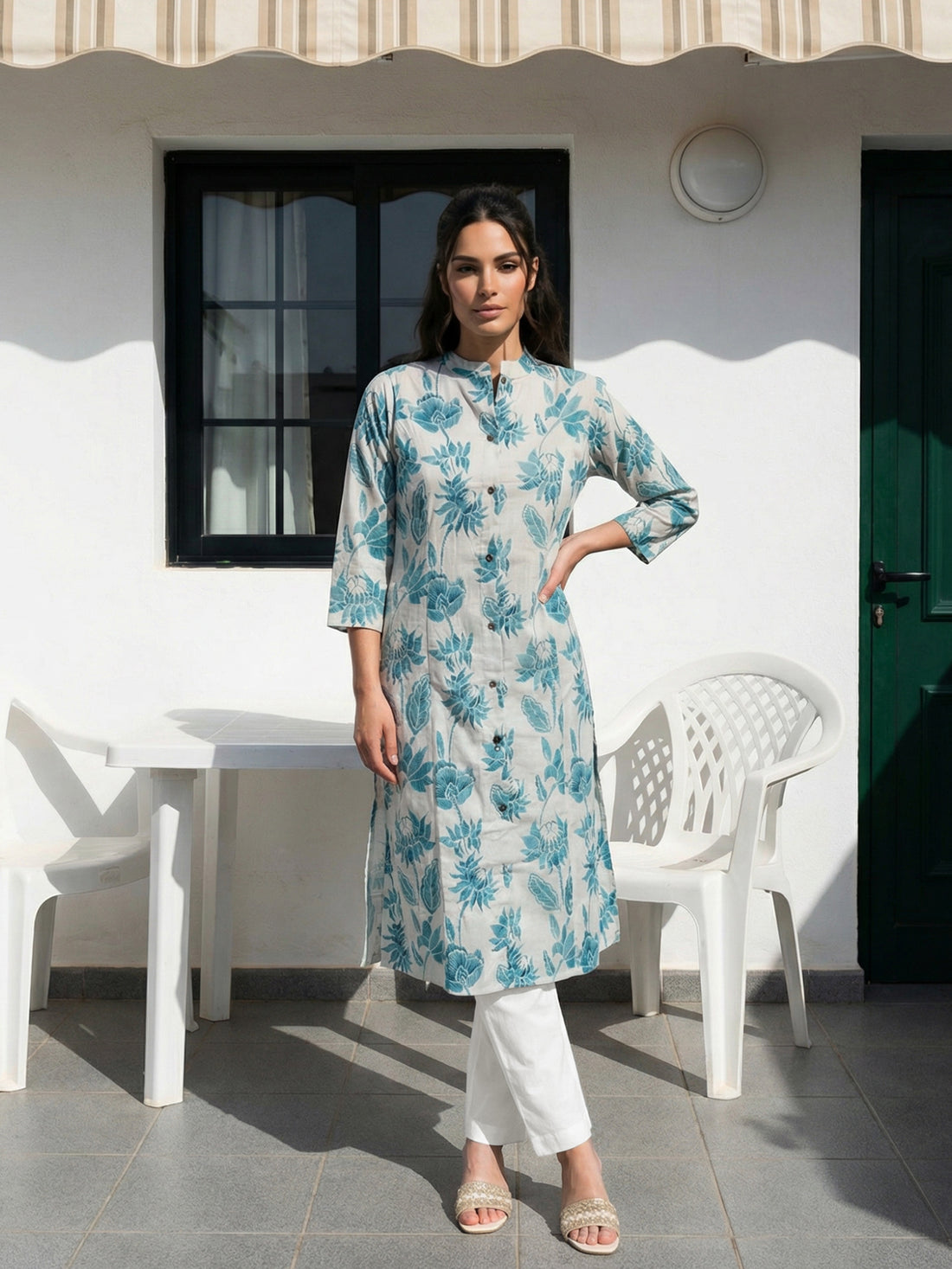 Green Airy Linen Cotton Straight Printed Kurta Set