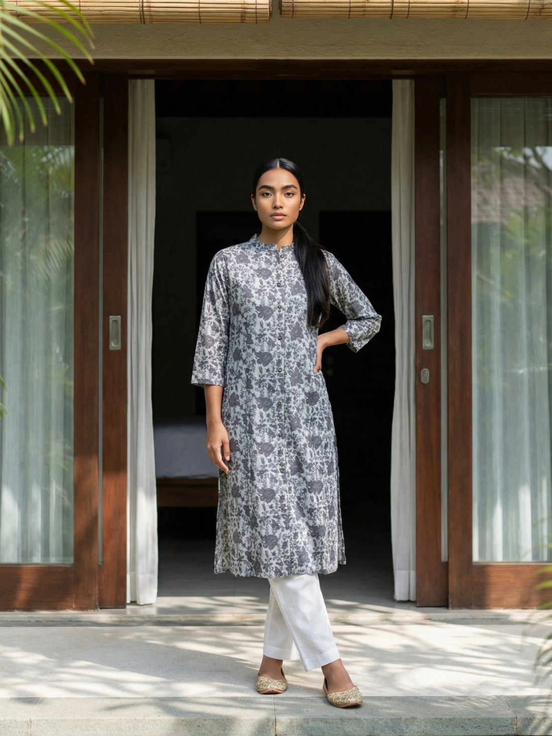 Grey Airy Linen Cotton Straight Printed Kurta Set