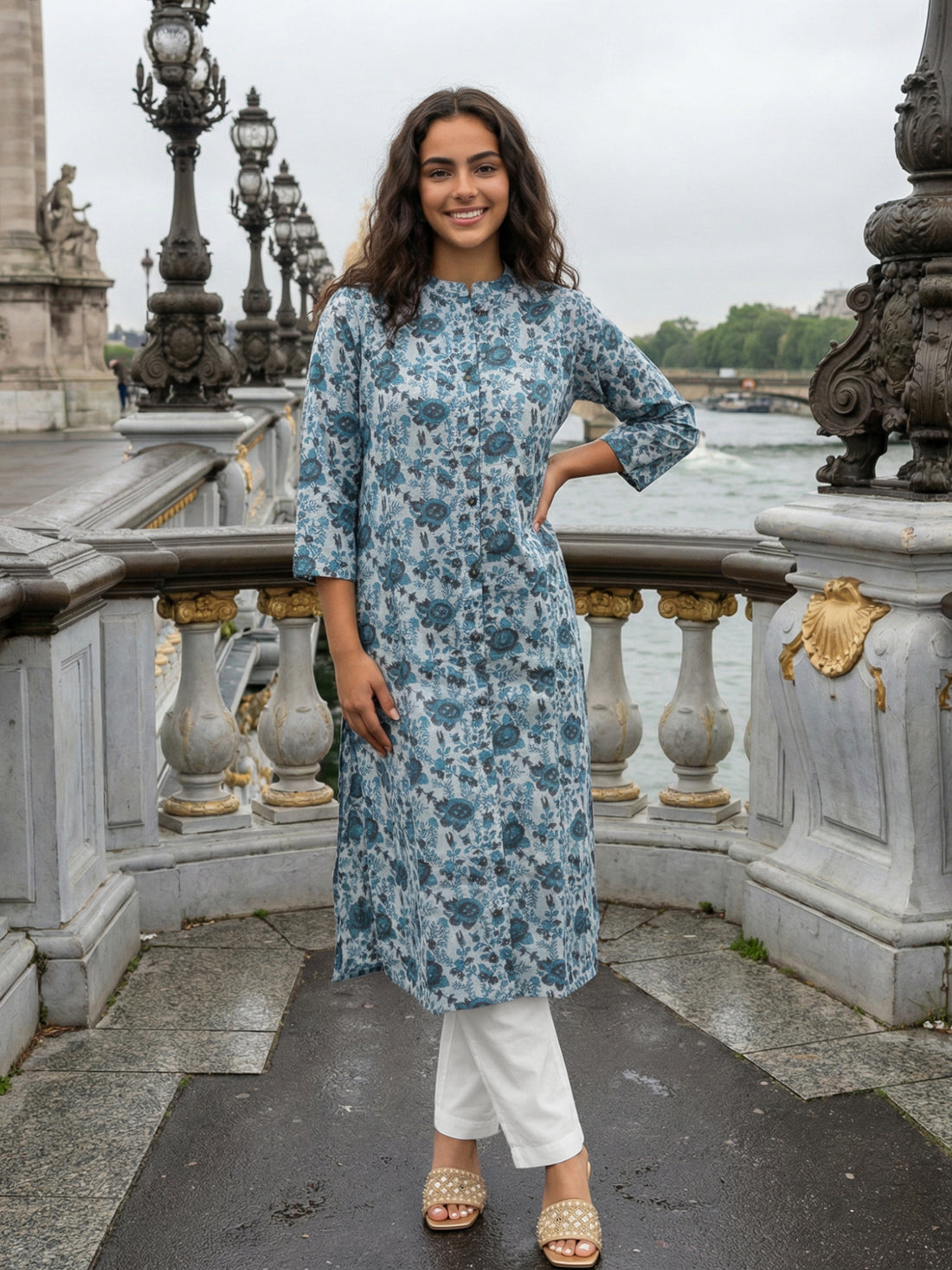 Grey Airy Linen Cotton Straight Printed Kurta Set