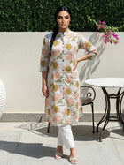 Yellow Peach Airy Linen Cotton Straight Printed Kurta Set