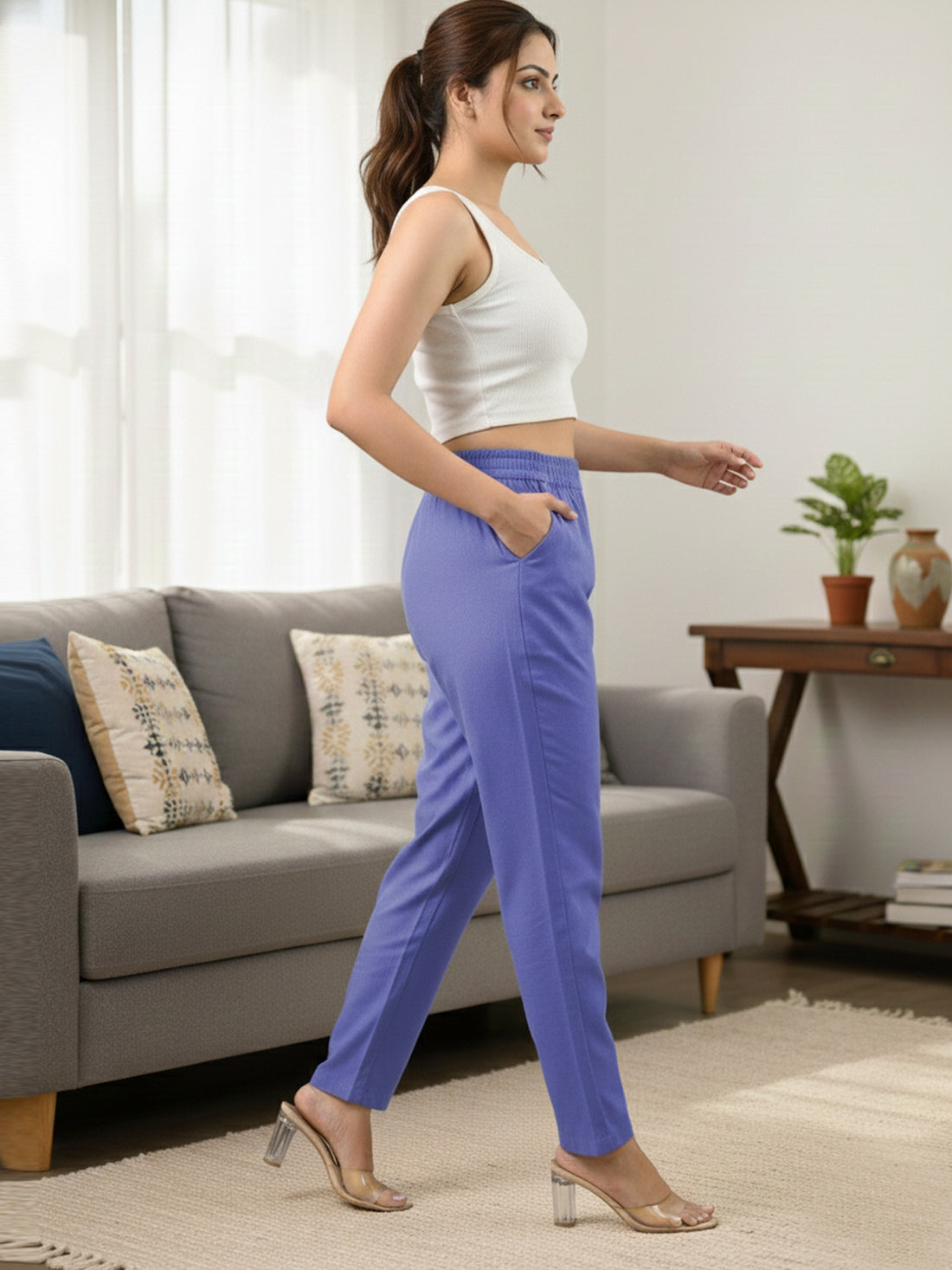 Everyday Denim Blue Cotton Fully Elastic Trouser