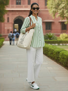 Elegant Green Stripe Shoulder-Pleat Shirt