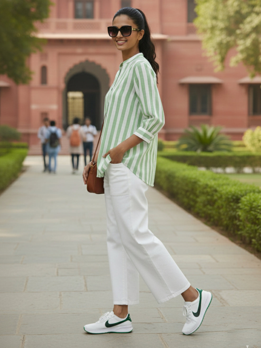 Elegant Green Stripe Shoulder-Pleat Shirt