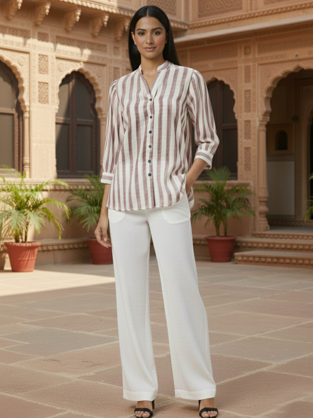 Elegant Maroon Stripe Shoulder-Pleat Shirt