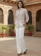 Elegant Maroon Stripe Shoulder-Pleat Shirt