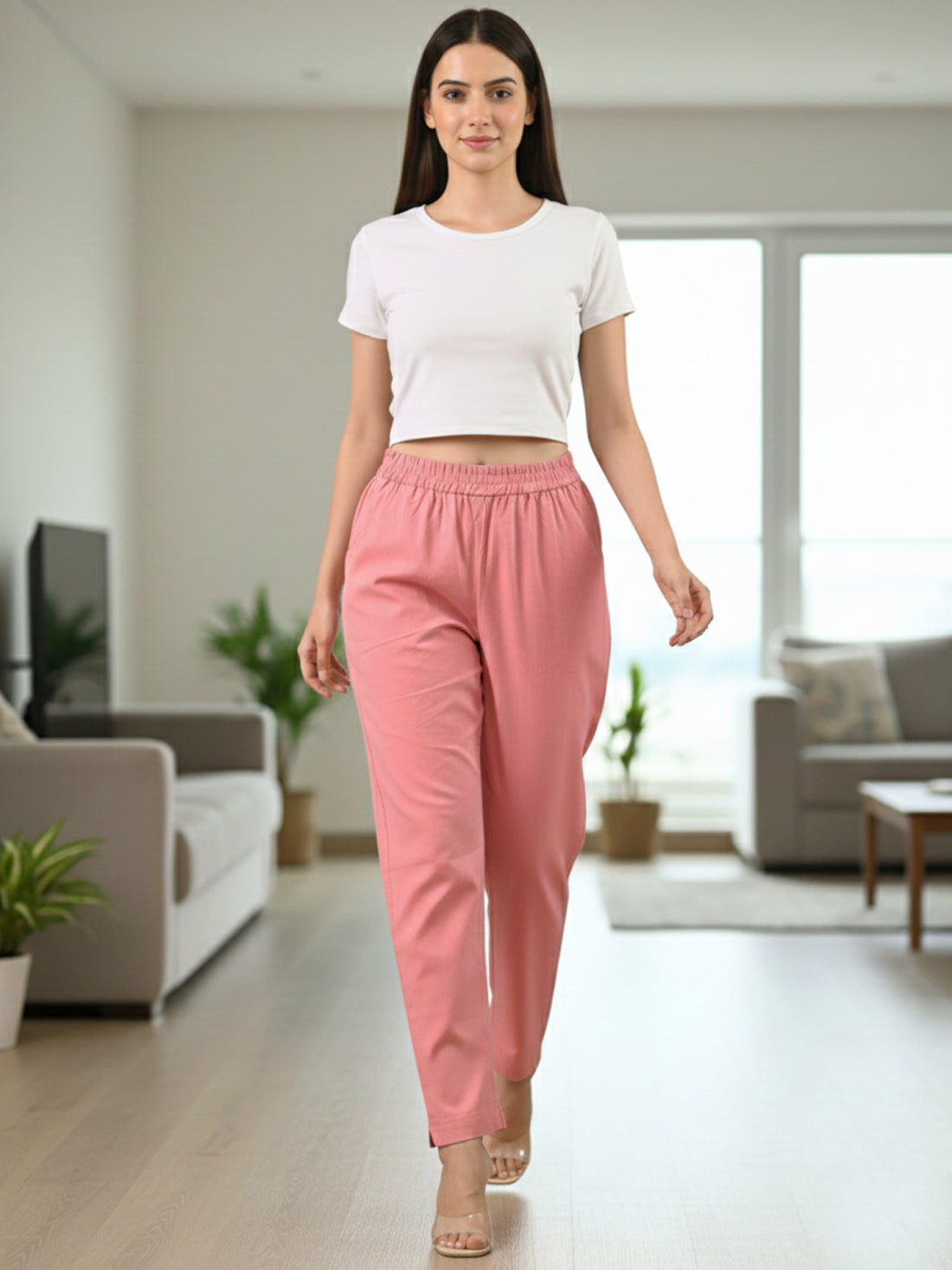 Everyday Mauve Pink Cotton Fully Elastic Trouser