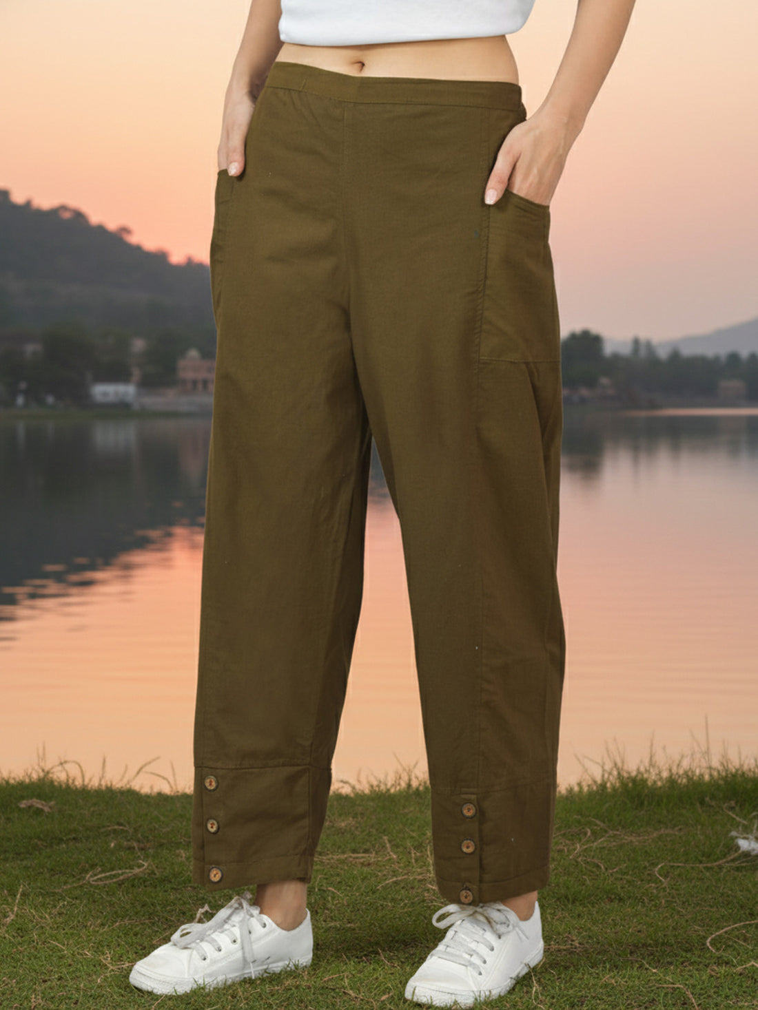 Mehndi Green & Wine Side Pocket Straight Cargo Pants Combo