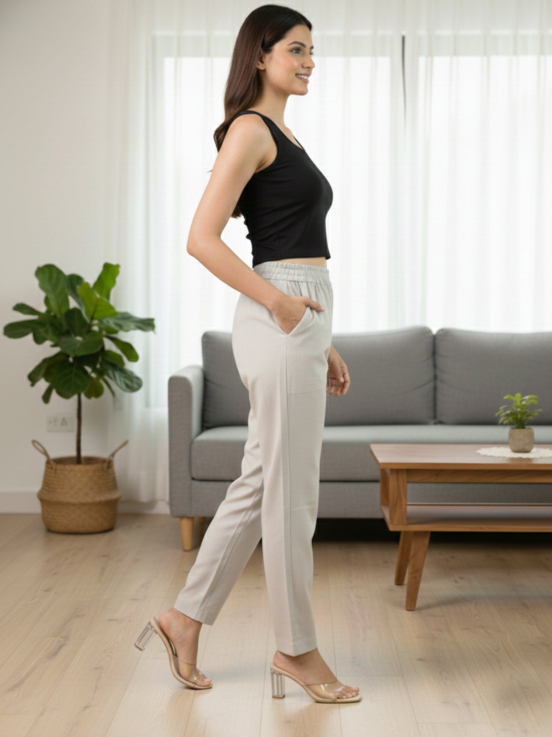 Everyday Melange Grey Cotton Fully Elastic Trouser