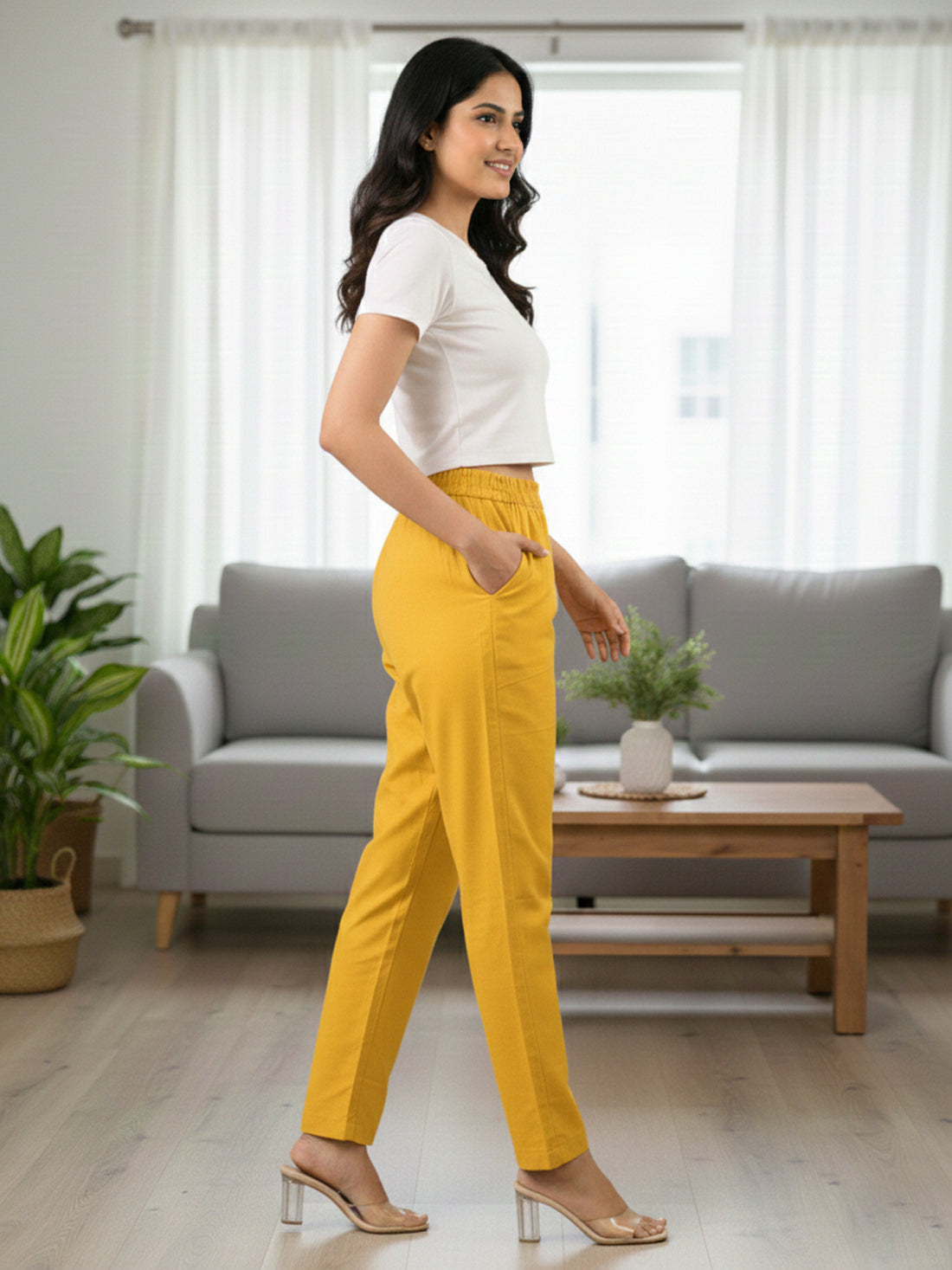 Everyday Mustard Cotton Fully Elastic Trouser
