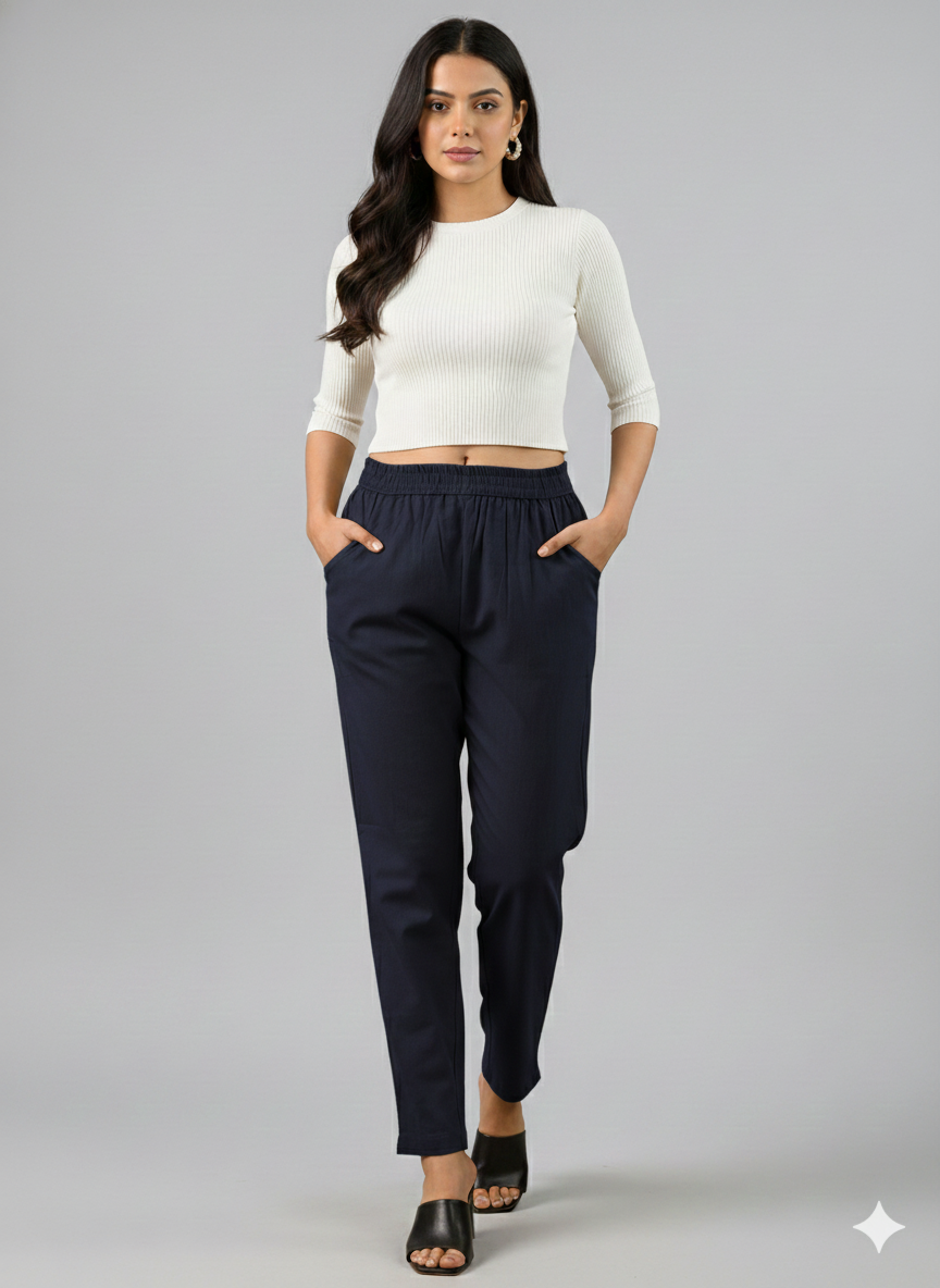 Bundle of 2 NavyBlue & Rani Everyday Cotton Round Elastic Trousers