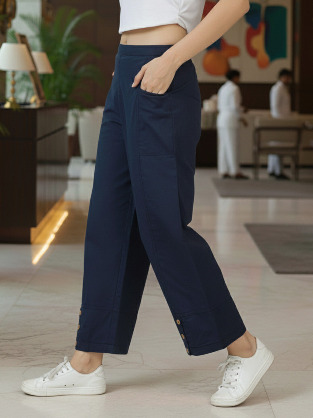 Navy Blue & White Side Pocket Straight Cargo Pants Combo