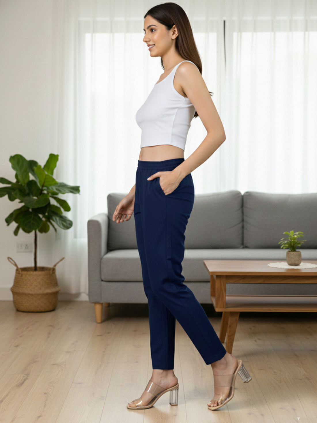 Everyday Navy Blue Cotton Fully Elastic Trouser