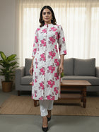 Pink Airy Linen Cotton Straight Printed Kurta Set