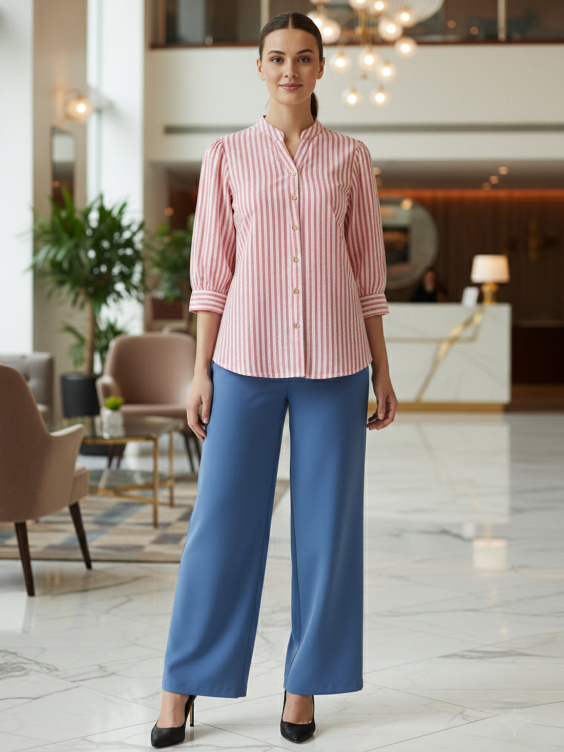 Elegant Pink Small Stripe Shoulder-Pleat Shirt