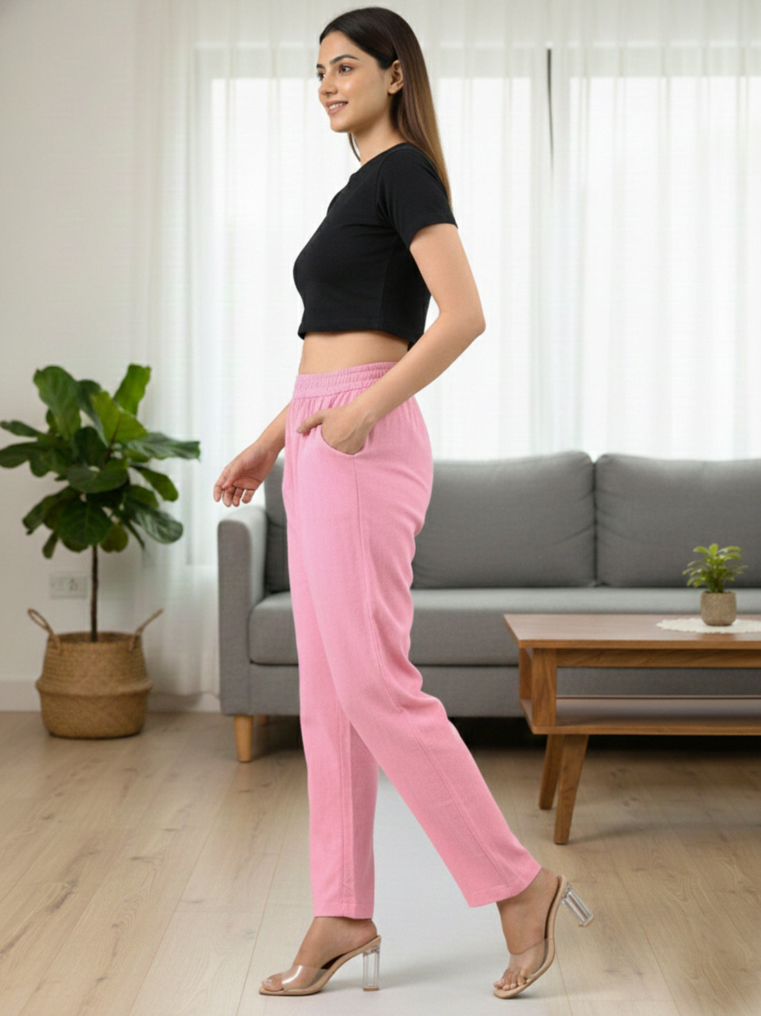 Everyday Pink Cotton Fully Elastic Trouser