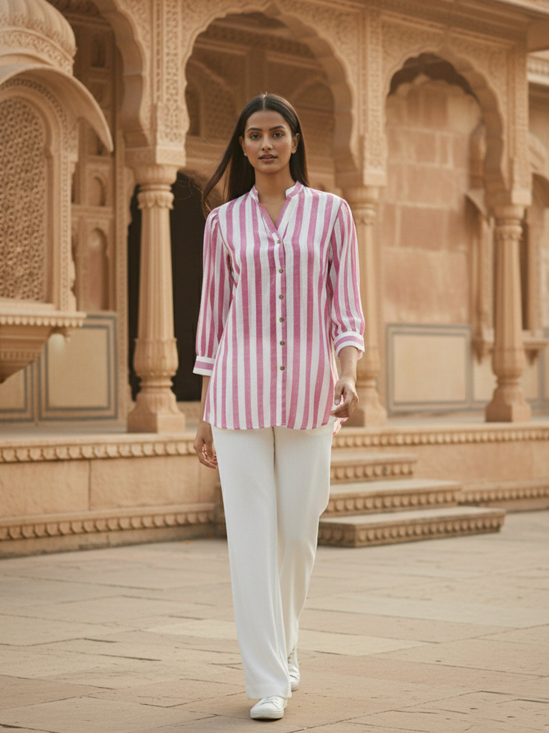 Elegant Pink Stripe Shoulder-Pleat Shirt