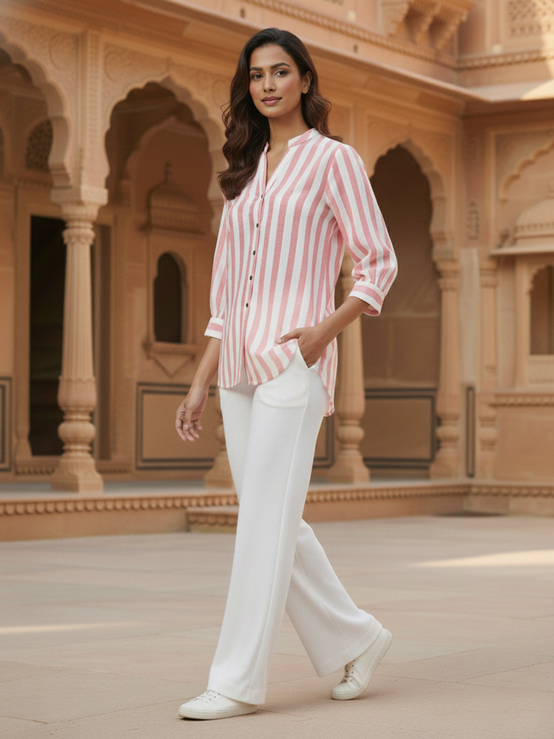 Elegant Red Stripe Shoulder-Pleat Shirt