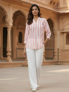 Elegant Red Stripe Shoulder-Pleat Shirt