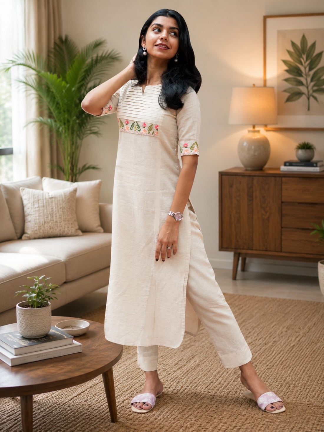 Cream Embroidery Kurta Pant Set