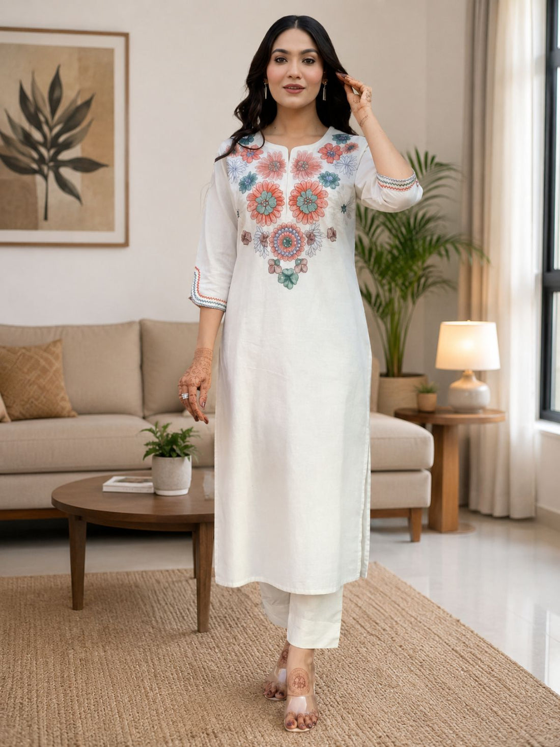 Cream Embroidery Kurta Pant Set