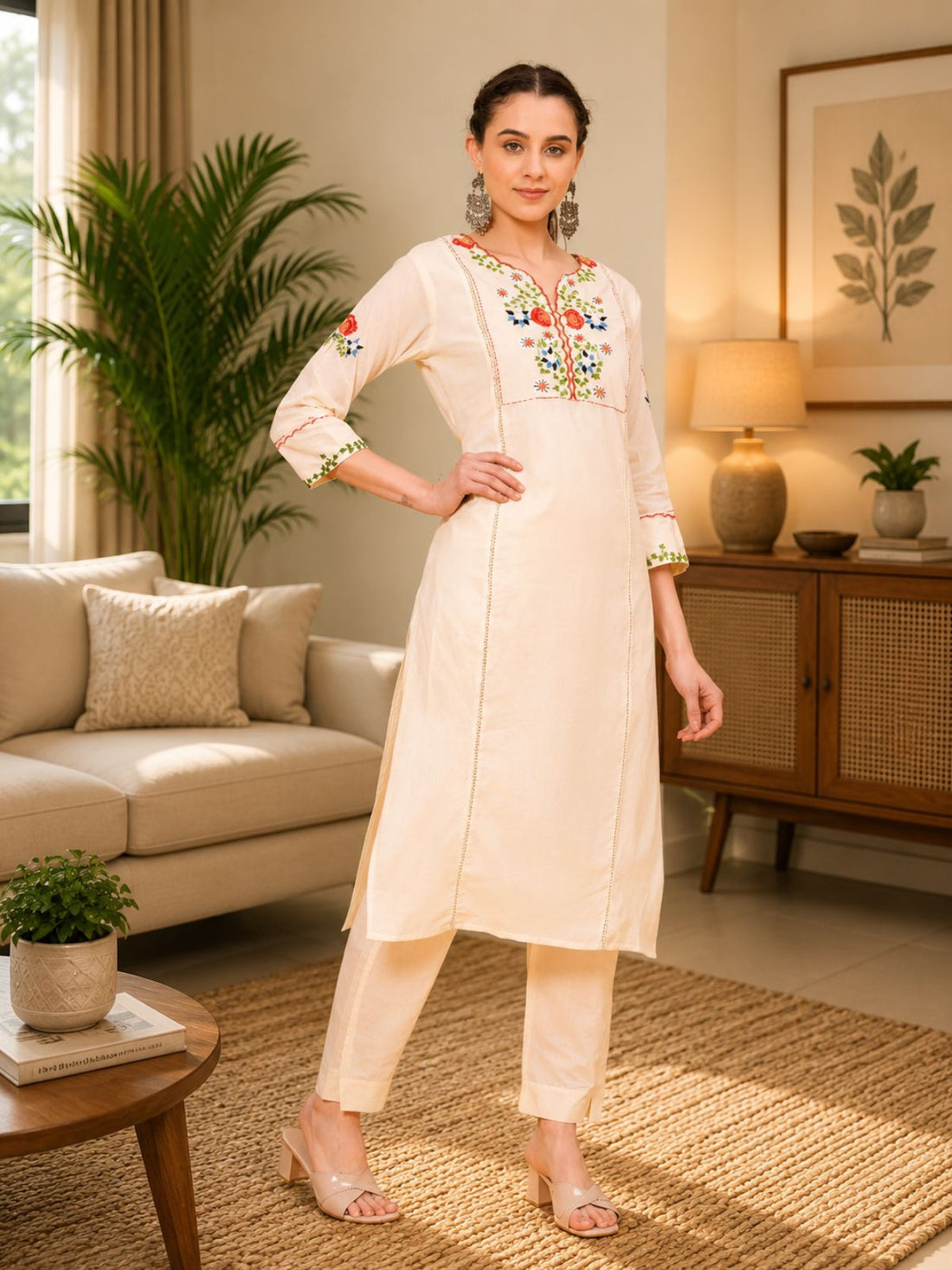 Cream Embroidery Kurta Pant Set