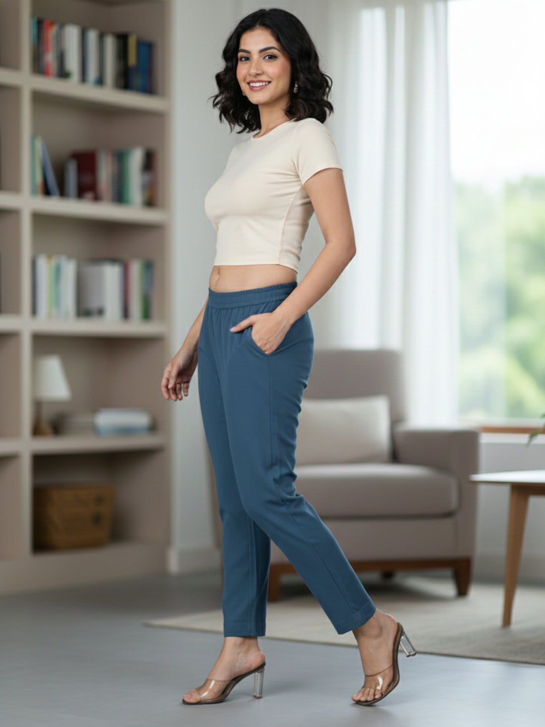 Everyday Teal Blue Cotton Fully Elastic Trouser