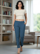 Everyday Teal Blue Cotton Fully Elastic Trouser