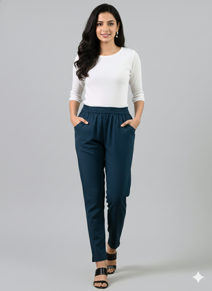 Bundle of 2 TealBlue & White Everyday Cotton Round Elastic Trousers