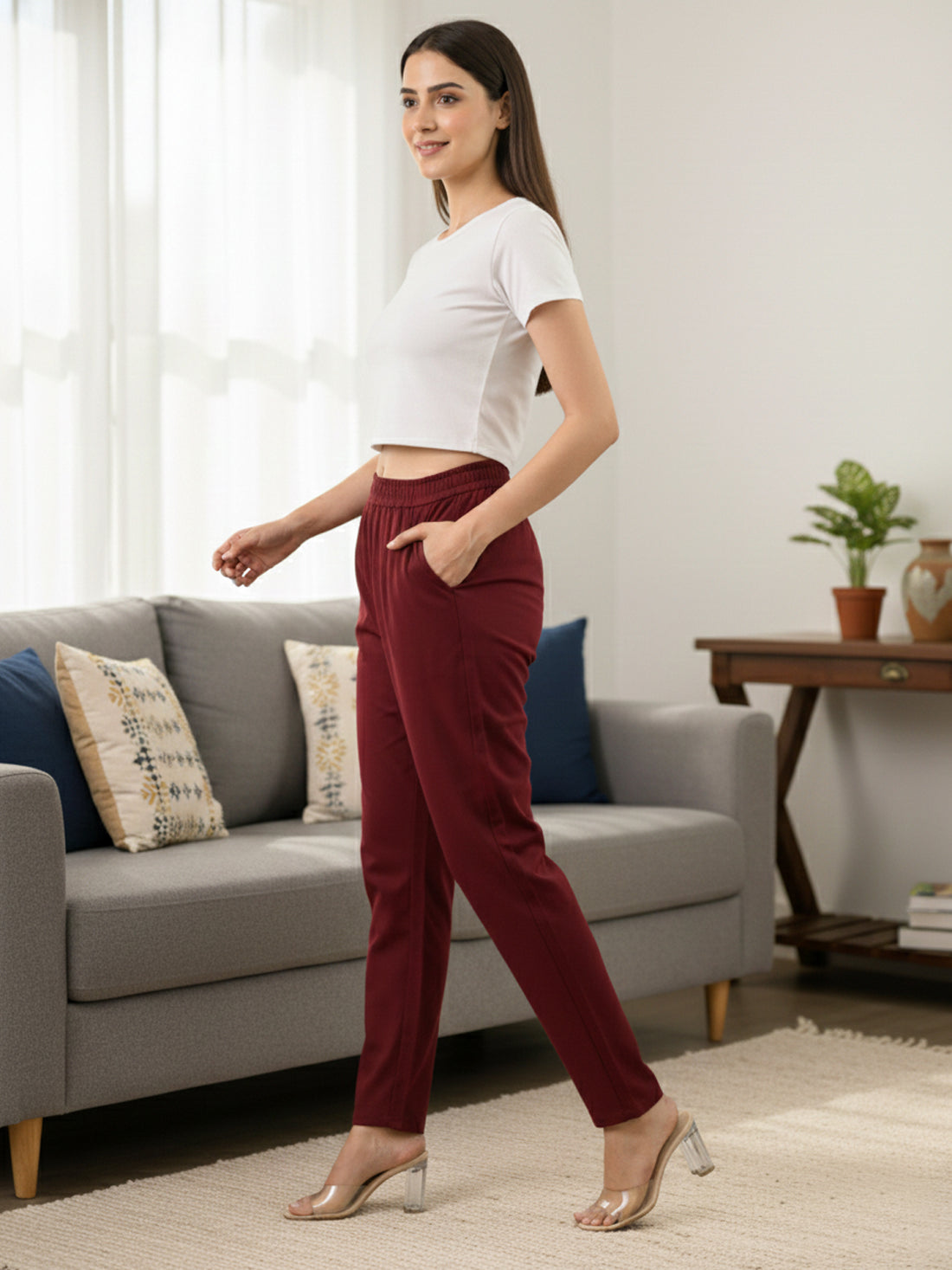 Everyday Wine Cotton Fully Elastic Trouser