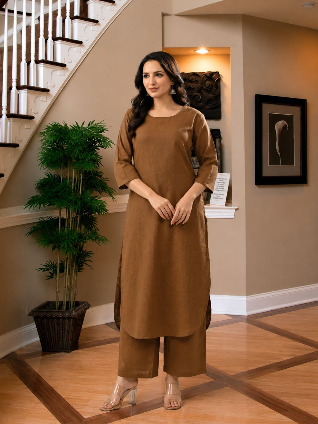 Brown Cotton Kurta Plazzo Set