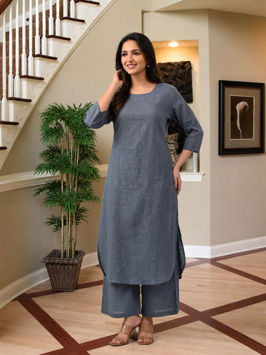 Grey Cotton Kurta Plazzo Set