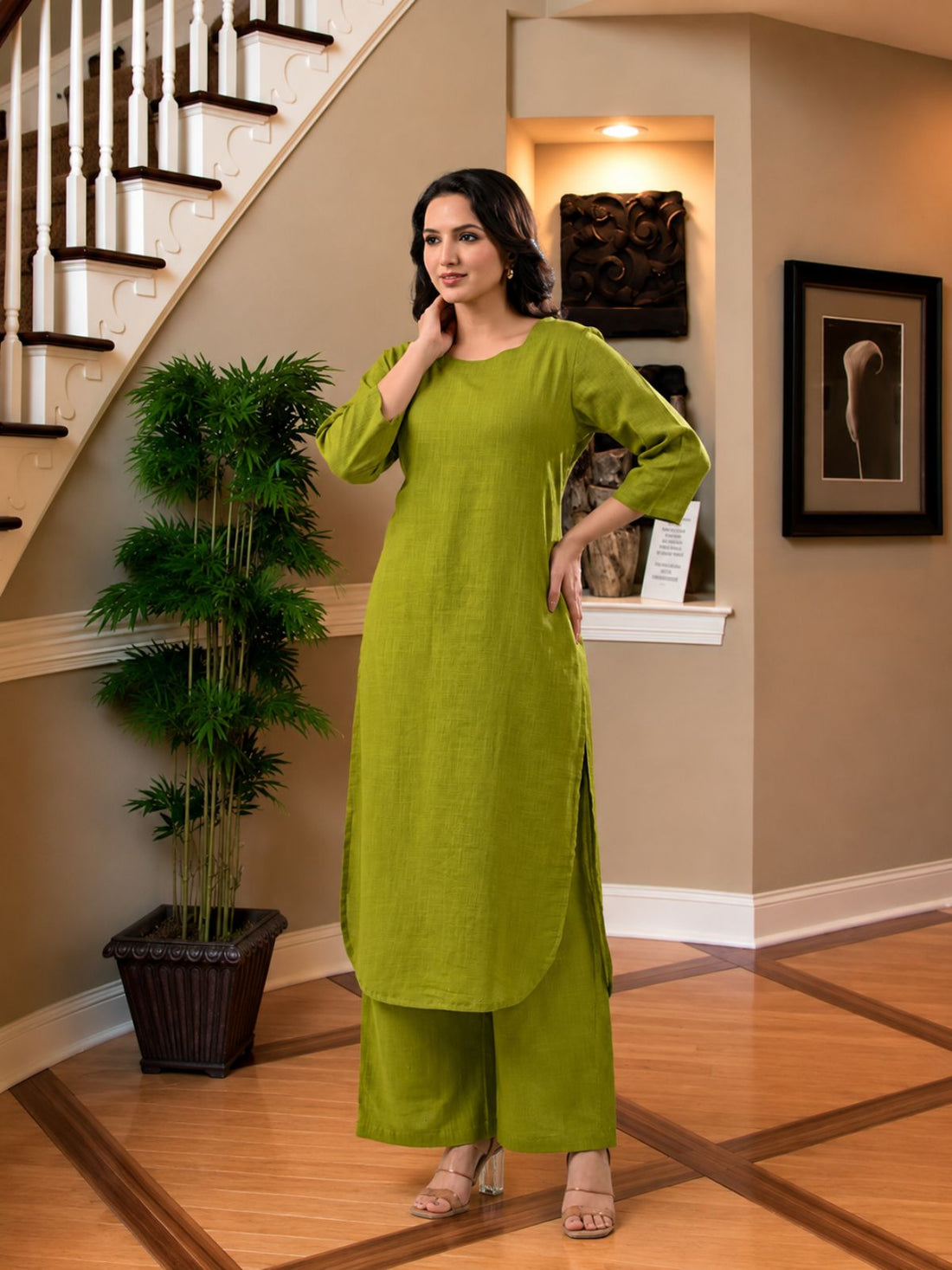 Olive Green Cotton Kurta Plazzo Set