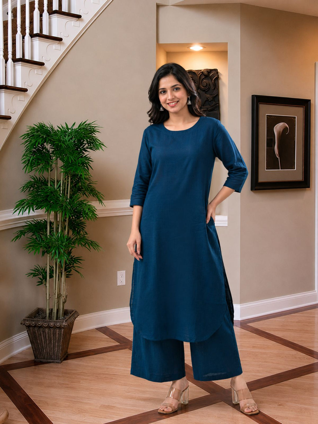 TealBlue Cotton Kurta Plazzo Set